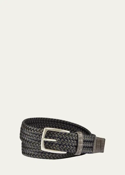 W. Kleinberg Men's Woven Leather Stretch Belt With Crocodile Trim In Slate