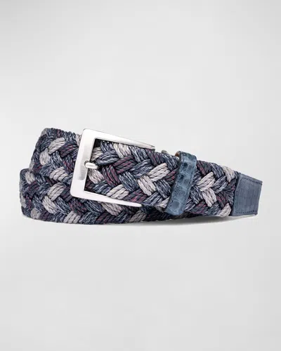 W. Kleinberg Men's Woven Linen Belt W/ Croc Tabs In Blue Mix