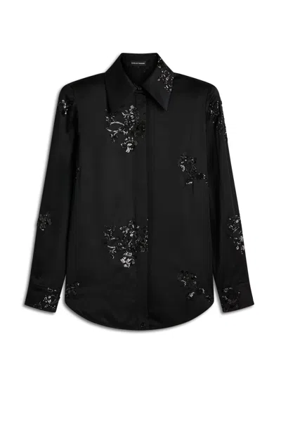 Scanlan Theodore Beaded Satin Shoulder Pad Shirt In Black