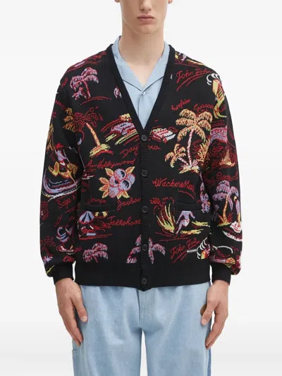 Wacko Maria Tropical-pattern Cardigan In Black