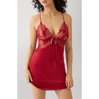 Wacoal Midnight Soirée Metallic Embroidered Mesh & Satin Chemise In Red