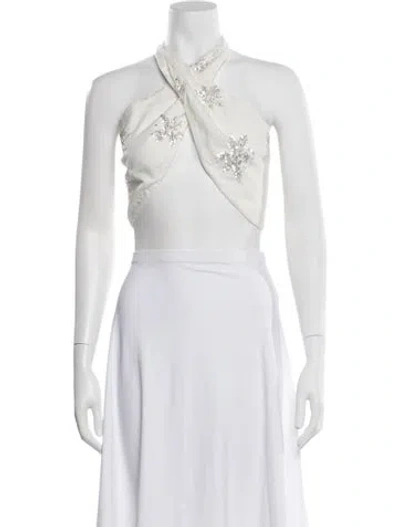 Pre-owned Waimari Graphic Print Halterneck Crop Top In White
