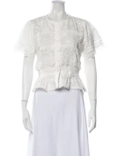 Pre-owned Waimari Lace Pattern Crew Neck Blouse In White
