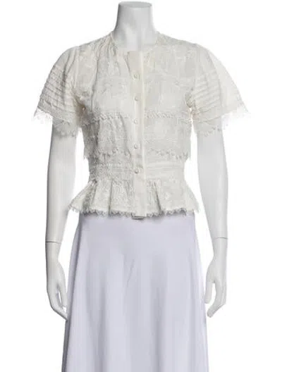 Pre-owned Waimari Lace Pattern Crew Neck Button-up Top In White