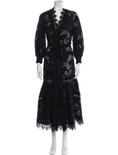 Pre-owned Waimari Lace Pattern Lace Trim Embellishment Robe In Black