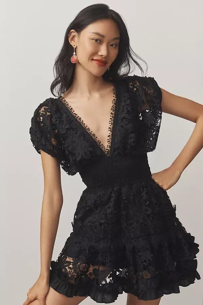 Waimari Morana Short-sleeve Lace V-neck Mini Dress In Black