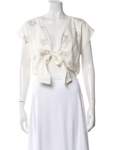 Pre-owned Waimari Patterned V-neck Crop Top W/ Tags In White