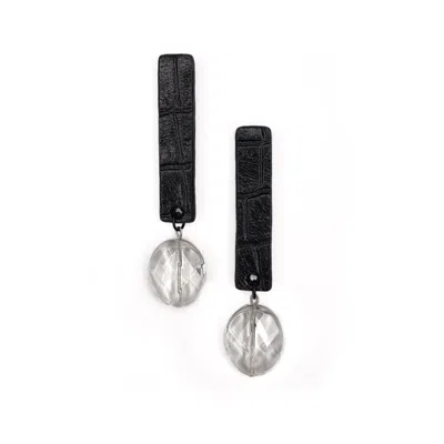 Waiwai Women's Black Clear Quartz & Alligator-textured Leather Drop Earrings