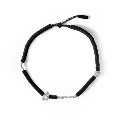 Waiwai Women's Black Leather Necklace With Pearls And Clear Quartz Crystals