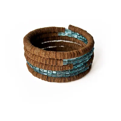 Waiwai Women's Brown / Blue Suede Spiral Beaded Cuff