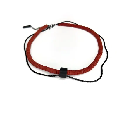 Waiwai Women's Red / Black Red Leather Choker Necklace With Black Bead String In Multi