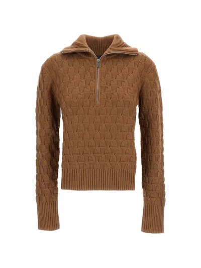 Wales Bonner Basket-weave Half-zip Sweater In Brown