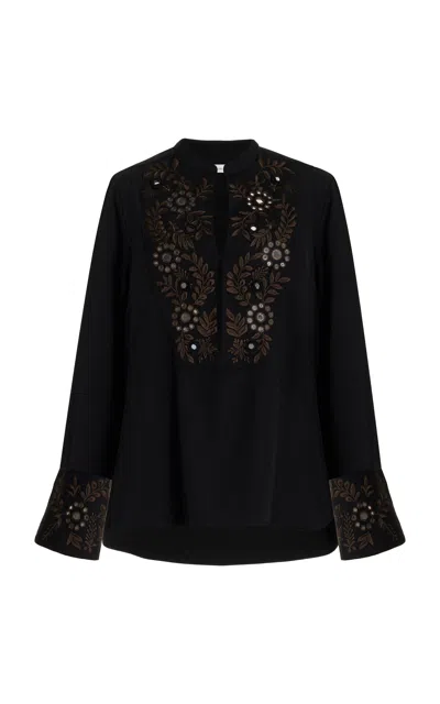 Wales Bonner Cairo Embroidered Grain De Poudre Wool Shirt In Black