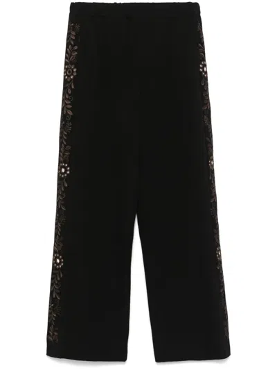 Wales Bonner Embroidered Waistband Wide Leg Trousers In Black