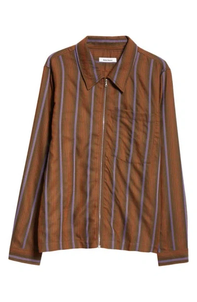 Wales Bonner Chorus Stripe Virgin Wool Zip Front Shirt In Brown And Blue