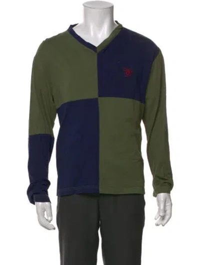 Pre-owned Wales Bonner Colorblock Pattern V-neck Henley In Green