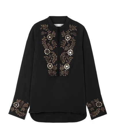 Wales Bonner Embellished Embroidered Grain De Poudre Wool Shirt In Black
