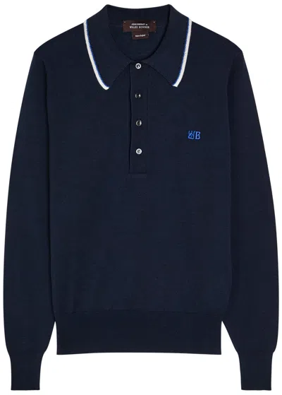 Wales Bonner Henry Logo Fine-knit Merino Wool Polo Jumper In Blue