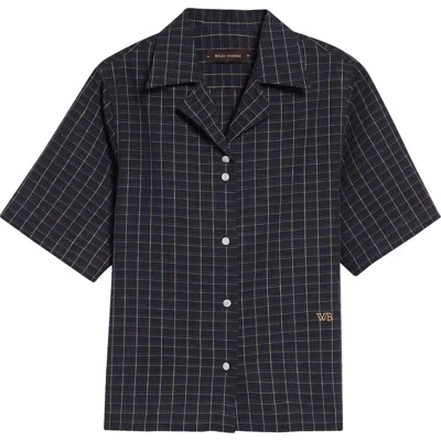 Wales Bonner London Windowpane Check Stretch Linen Bowling Shirt In Black