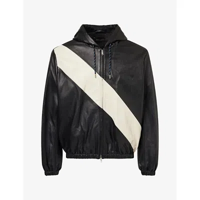 Wales Bonner Vista Striped Leather Hooded Jacket In Black