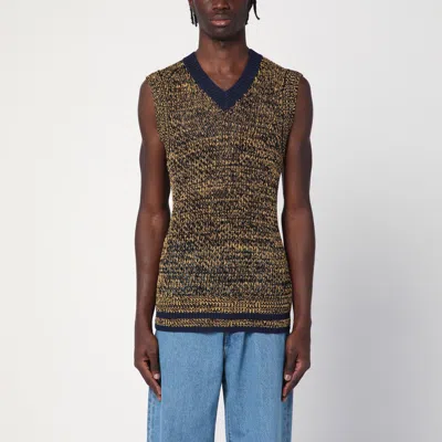WALES BONNER NAVY BLUE/YELLOW TEXTURED VEST IN A COTTON BLEND