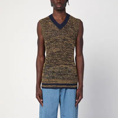 WALES BONNER NAVY BLUE/YELLOW TEXTURED VEST IN A COTTON BLEND