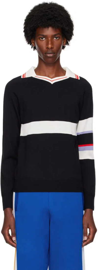 Wales Bonner Navy Calm Long Sleeve Polo In Navy/white
