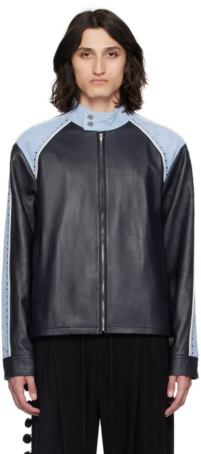 Wales Bonner Navy Marvel Leather Jacket In Light Blue And Navy