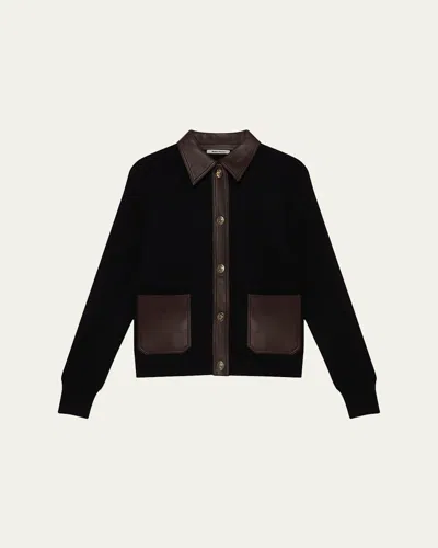 Wales Bonner Night Turn-lock Leather-trim Collared Cardigan In Black