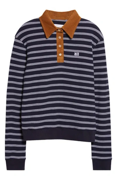 Wales Bonner Reflect Corduroy-trimmed Striped Cotton-blend Polo Shirt In Blue