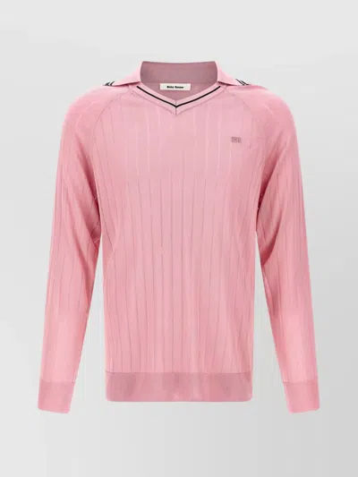 WALES BONNER RIBBED V-NECK SWEATER STRIPED COLLAR