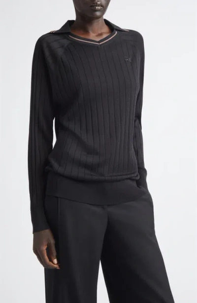 Wales Bonner Roots Long Sleeve Rib Polo In Black