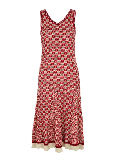 Wales Bonner Soar Checked Knitted Cotton Midi Dress In Red