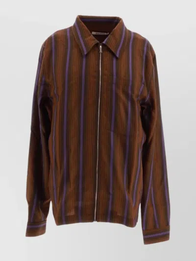 Wales Bonner Striped Pattern Zip Shirt In Brown