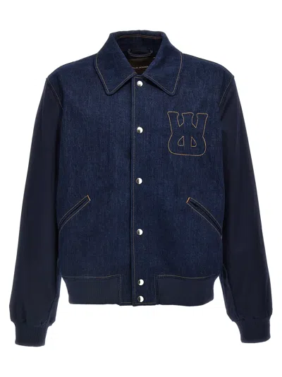 WALES BONNER THE ECHO DENIM VARSITY CASUAL JACKETS, PARKA BLUE