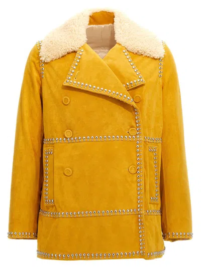 Wales Bonner 'studded Shearling Collar Double-breasted Jacket' In Yellow