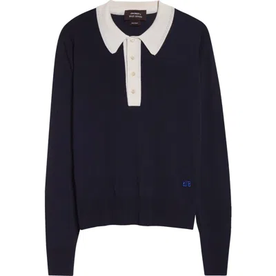 Wales Bonner X John Smedley Two-tone Long Sleeve Merino Wool Polo Sweater In Blue