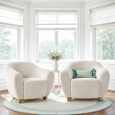 Walker Edison 2-pack Contemporary Bouclé Upholstered Lounge Chairs With Wood Legs In Ivory