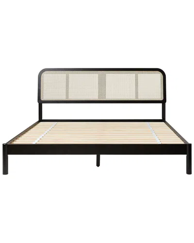 Walker Edison Boho Curved Rattan Headboard King Bed In Black