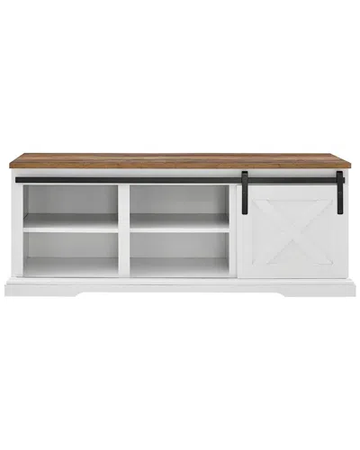 Walker Edison Farmhouse Sliding Barn Door Storage Bench With 3 Shelves In White