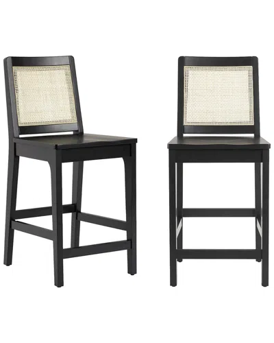 Walker Edison Set Of 2 Transitional Solid Wood & Rattan Counter Stools In Black