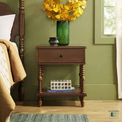 Walker Edison Vivienne Easy Assembly Solid Wood Spindle 1-drawer Nightstand In Dark Brown