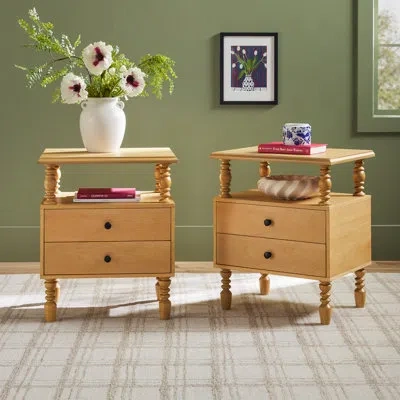 Walker Edison Vivienne Easy Assembly Solid Wood Spindle 2-drawer Nightstand (set Of 2) In Natural