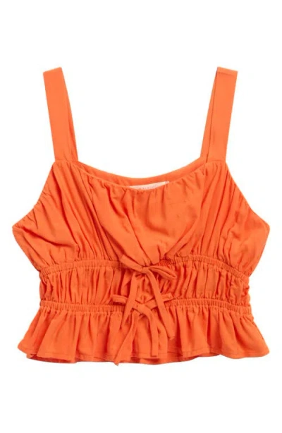 Walking On Sunshine Kids' Bow Front Shirred Peplum Top In Orange