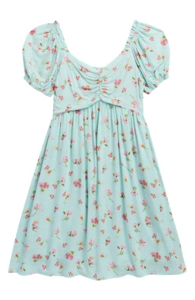 Walking On Sunshine Kids' Floral Puff Sleeve Clip Dot Sundress In Blue