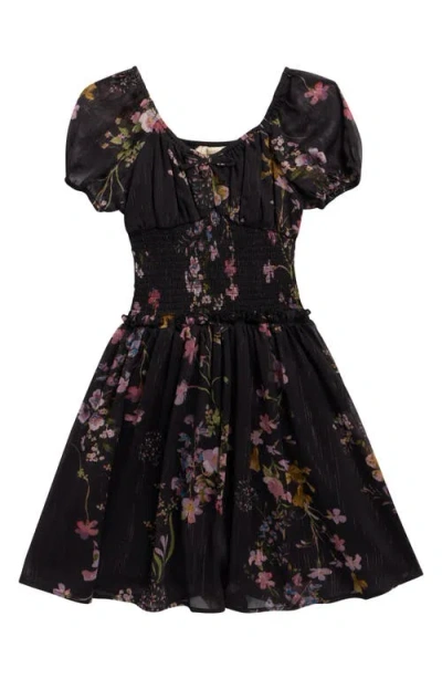 Walking On Sunshine Kids' Floral Puff Sleeve Smocked Tiered Dress In Black
