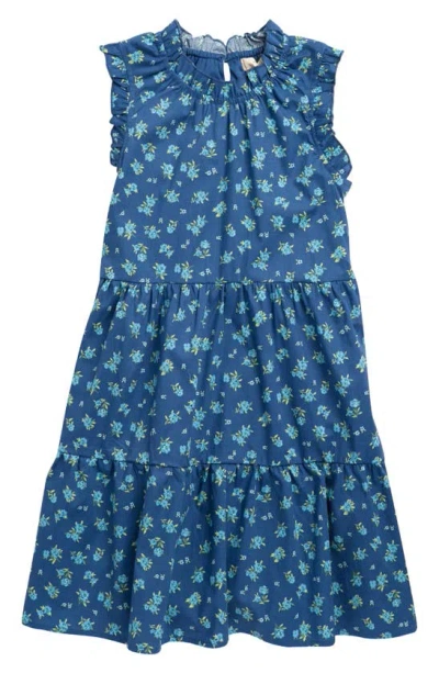 Walking On Sunshine Kids' Floral Ruffle Tiered Stretch Cotton Dress In Denim Print