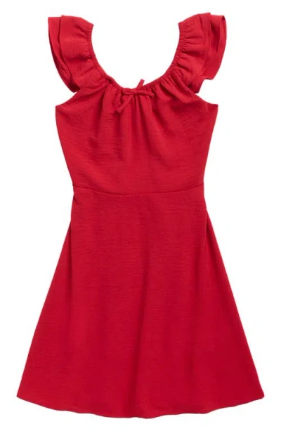 Walking On Sunshine Kids' Flutter Sleeve Ruffle Dress In Red