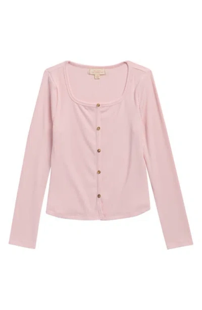 Walking On Sunshine Kids' Long Sleeve Rib Knit Button-up Top In Pink