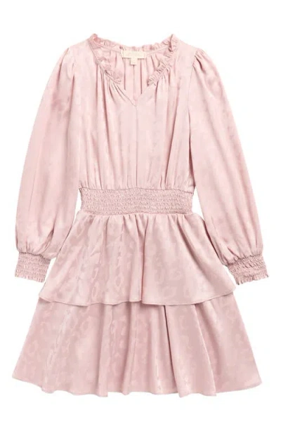 Walking On Sunshine Kids' Long Sleeve Smocked Waist Jacquard Satin Dress In Pink
